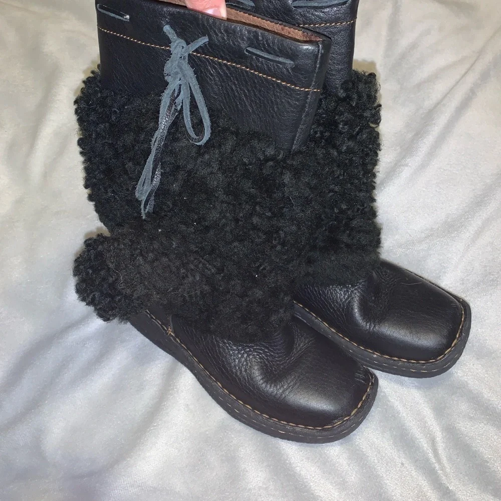 Born leather Cozy Black shearling tall Boots with Pom Poms size 13